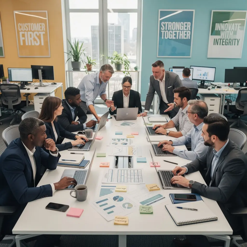 A customer discussing auto insurance policy details with an insurance advisor in a modern office setting.